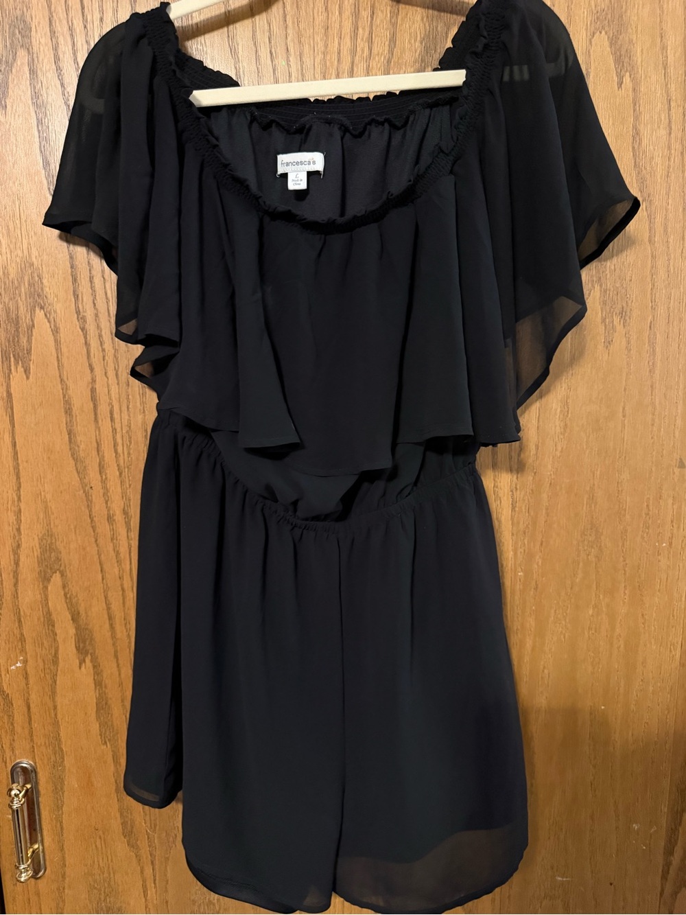 Francesca's Collections Black One-Shoulder Chiffon Romper